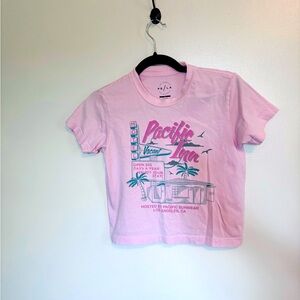 PS/LA pink crop top tee with graphic Pacific Inn front size small